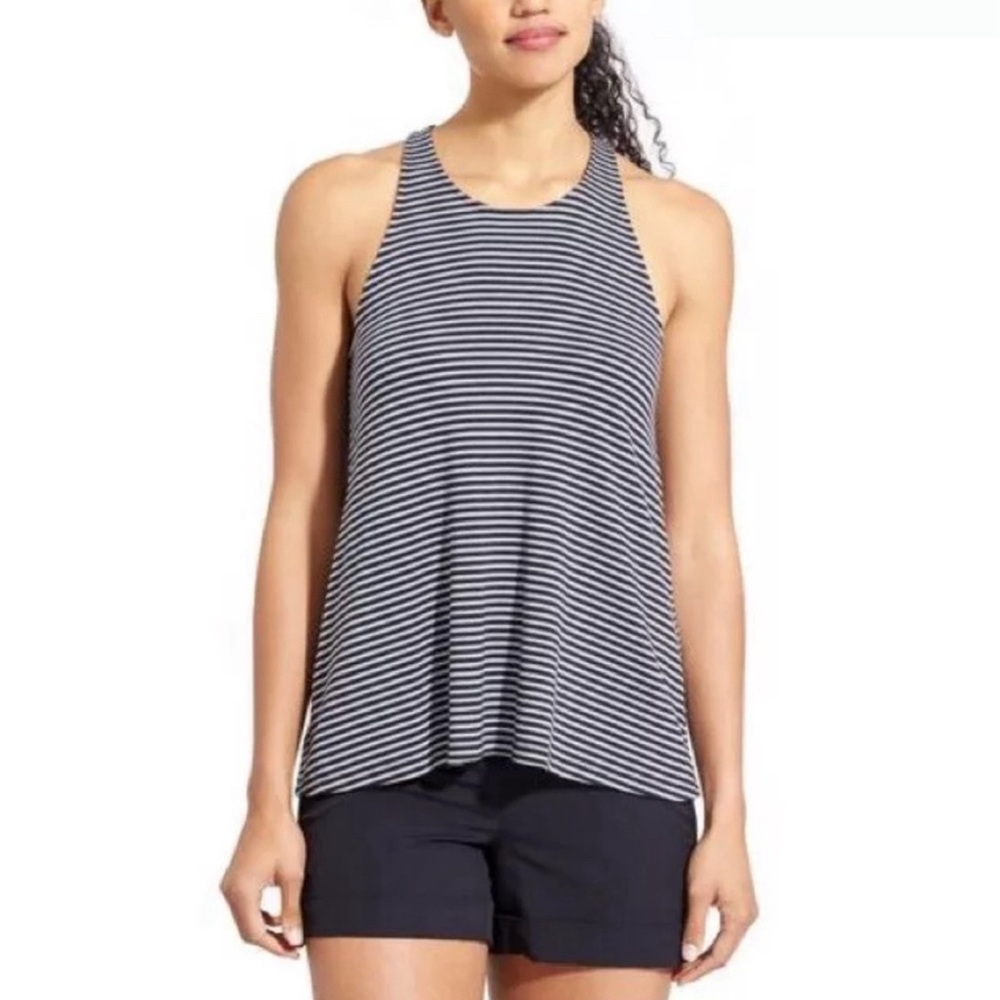 Athleta Basic Black & White Striped High Neck Racerback Sleeveless Tank Top